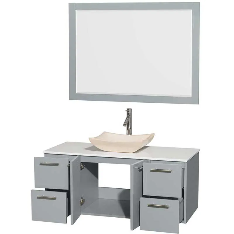 Amare 48" Single Bathroom Vanity in Dove Gray, White Man-Made Stone Countertop, Avalon Ivory Marble Sink and 46" Mirror