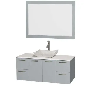 Amare 48" Single Bathroom Vanity in Dove Gray, White Man-Made Stone Countertop, Avalon White Carrera Marble Sink and 46" Mirror