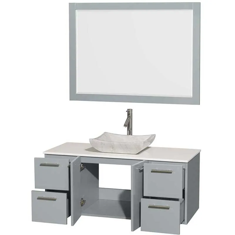 Amare 48" Single Bathroom Vanity in Dove Gray, White Man-Made Stone Countertop, Avalon White Carrera Marble Sink and 46" Mirror