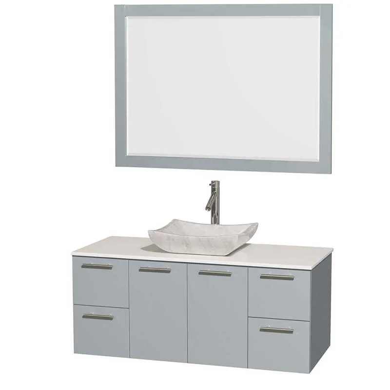 Amare 48" Single Bathroom Vanity in Dove Gray, White Man-Made Stone Countertop, Avalon White Carrera Marble Sink and 46" Mirror