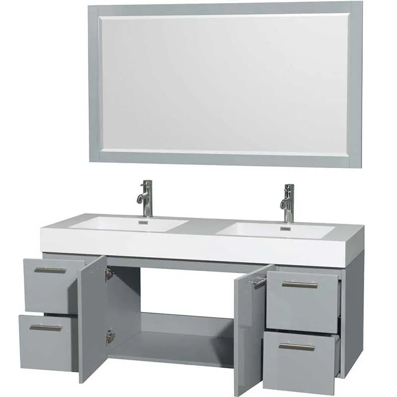 Amare 60" Double Bathroom Vanity in Dove Gray, Acrylic Resin Countertop, Integrated Sinks and 58" Mirror