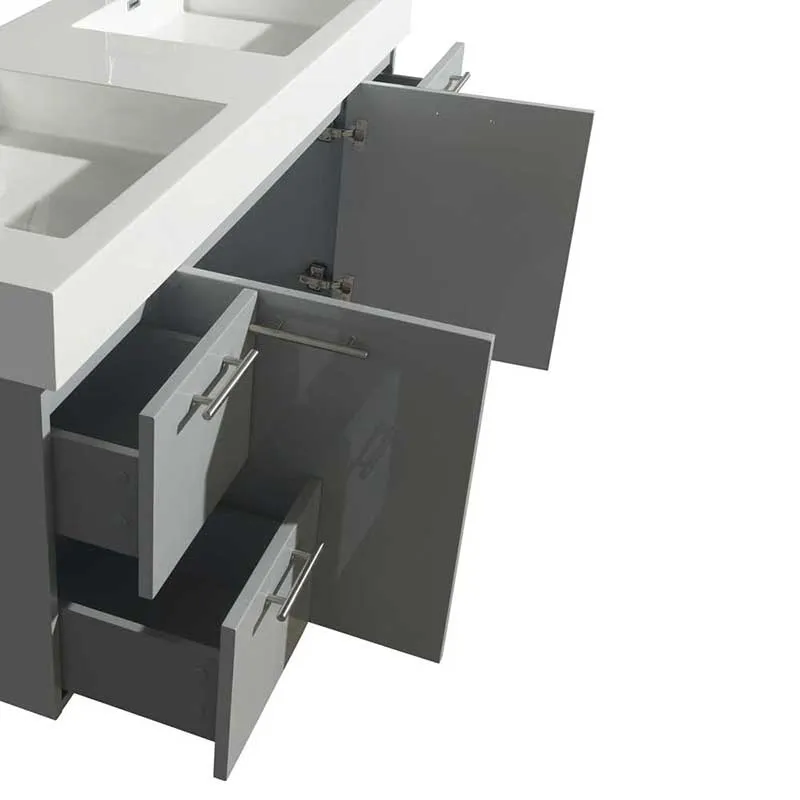 Amare 60" Double Bathroom Vanity in Dove Gray, Green Glass Countertop, Arista Black Granite Sinks and 58" Mirror