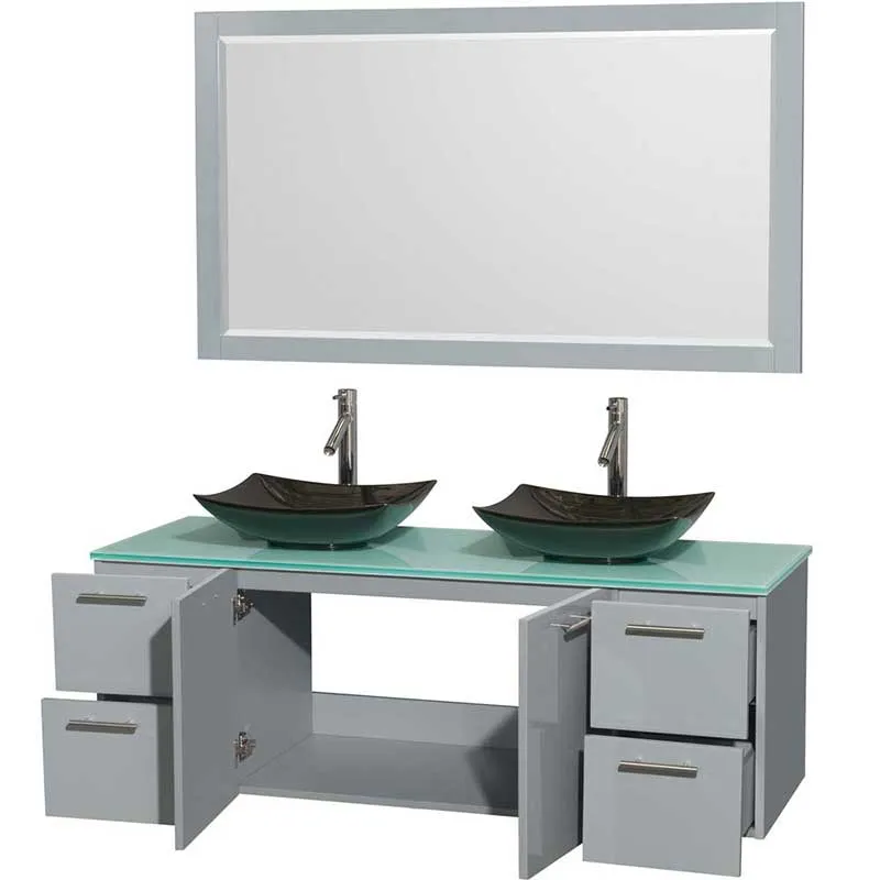 Amare 60" Double Bathroom Vanity in Dove Gray, Green Glass Countertop, Arista Black Granite Sinks and 58" Mirror