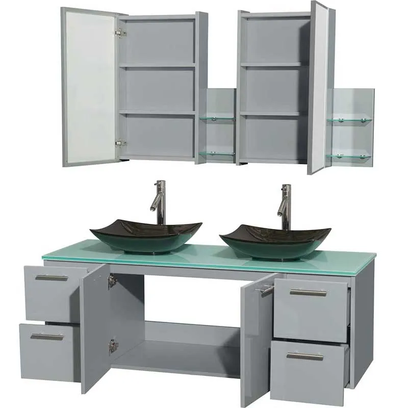 Amare 60" Double Bathroom Vanity in Dove Gray, Green Glass Countertop, Arista Black Granite Sinks and Medicine Cabinet