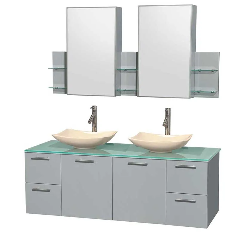 Amare 60" Double Bathroom Vanity in Dove Gray, Green Glass Countertop, Arista Ivory Marble Sinks and Medicine Cabinet