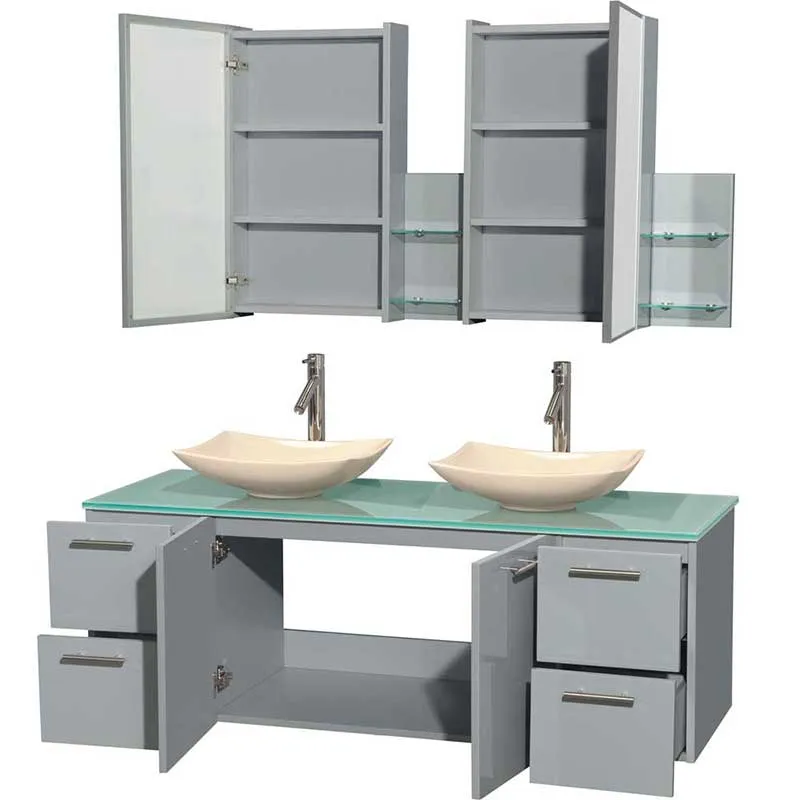 Amare 60" Double Bathroom Vanity in Dove Gray, Green Glass Countertop, Arista Ivory Marble Sinks and Medicine Cabinet