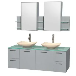 Amare 60" Double Bathroom Vanity in Dove Gray, Green Glass Countertop, Arista Ivory Marble Sinks and Medicine Cabinet