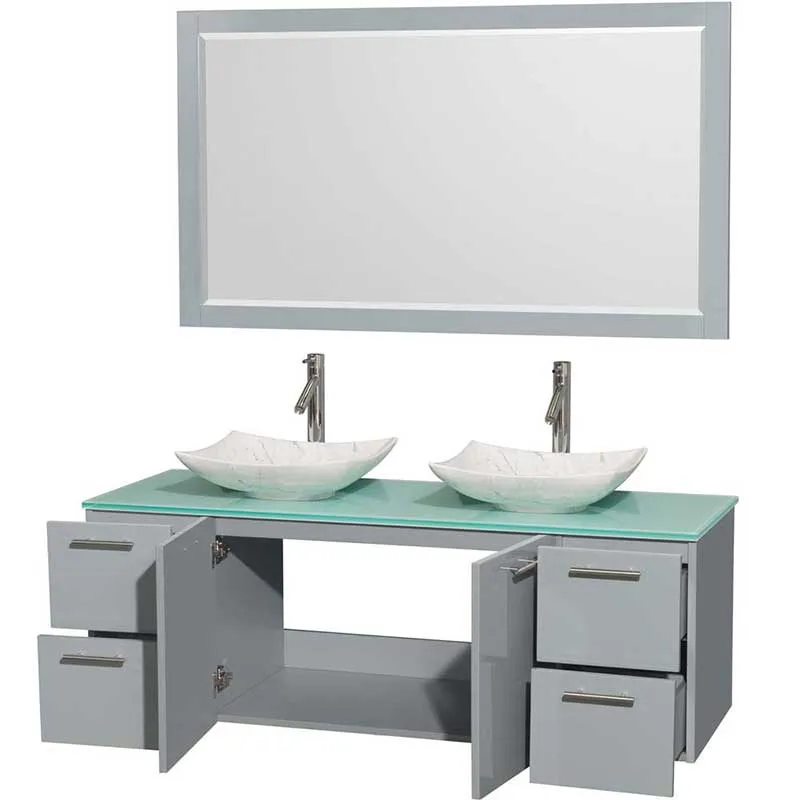 Amare 60" Double Bathroom Vanity in Dove Gray, Green Glass Countertop, Arista White Carrera Marble Sinks and 58" Mirror