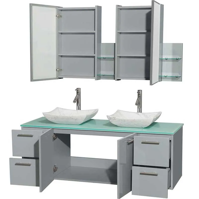 Amare 60" Double Bathroom Vanity in Dove Gray, Green Glass Countertop, Avalon White Carrera Marble Sinks and Medicine Cabinet