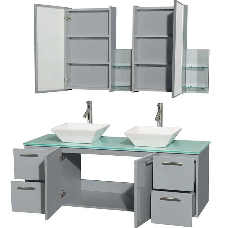 Amare 60" Double Bathroom Vanity in Dove Gray, Green Glass Countertop, Pyra White Porcelain Sinks and Medicine Cabinet