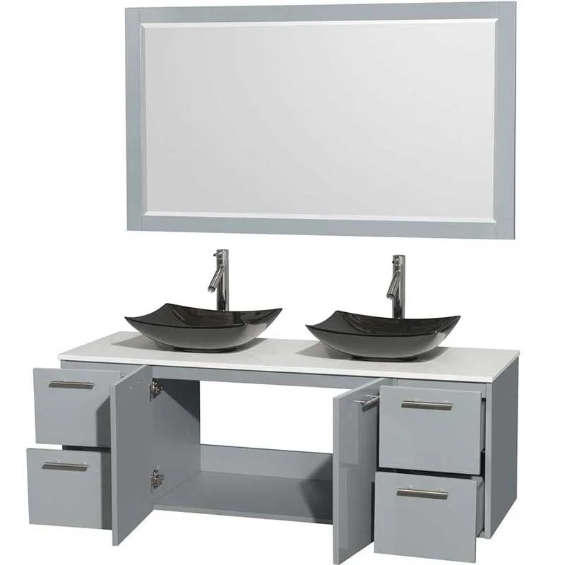 Amare 60" Double Bathroom Vanity in Dove Gray, White Man-Made Stone Countertop, Arista Black Granite Sinks and 58" Mirror