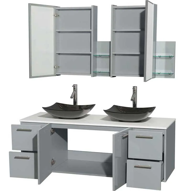 Amare 60" Double Bathroom Vanity in Dove Gray, White Man-Made Stone Countertop, Arista Black Granite Sinks and Medicine Cabinet