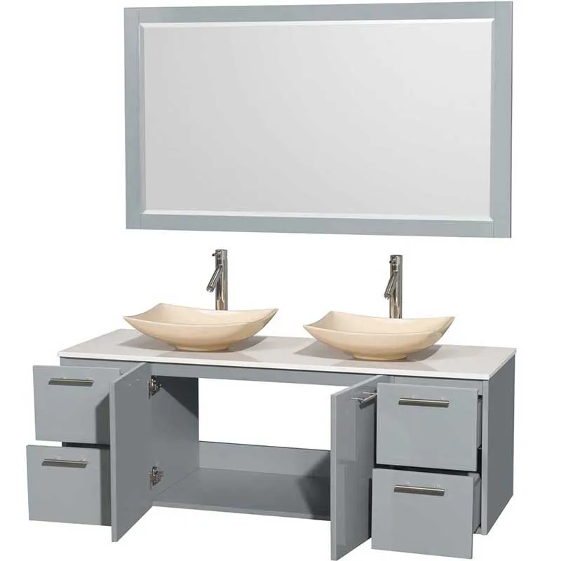 Amare 60" Double Bathroom Vanity in Dove Gray, White Man-Made Stone Countertop, Arista Ivory Marble Sinks and 58" Mirror