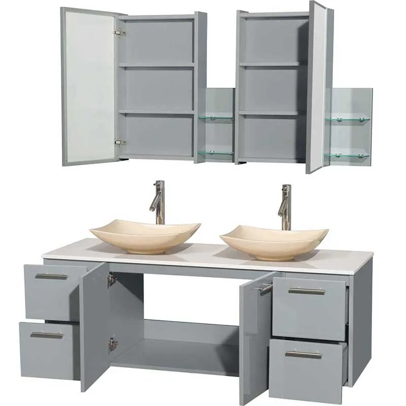 Amare 60" Double Bathroom Vanity in Dove Gray, White Man-Made Stone Countertop, Arista Ivory Marble Sinks and Medicine Cabinet