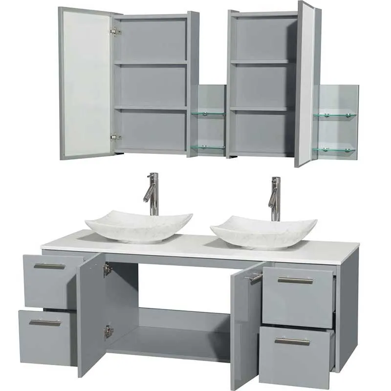 Amare 60" Double Bathroom Vanity in Dove Gray, White Man-Made Stone Countertop, Arista White Carrera Marble Sinks and Medicine Cabinet