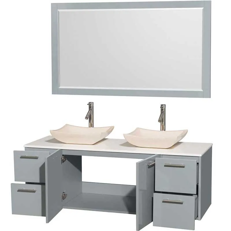 Amare 60" Double Bathroom Vanity in Dove Gray, White Man-Made Stone Countertop, Avalon Ivory Marble Sinks and 58" Mirror