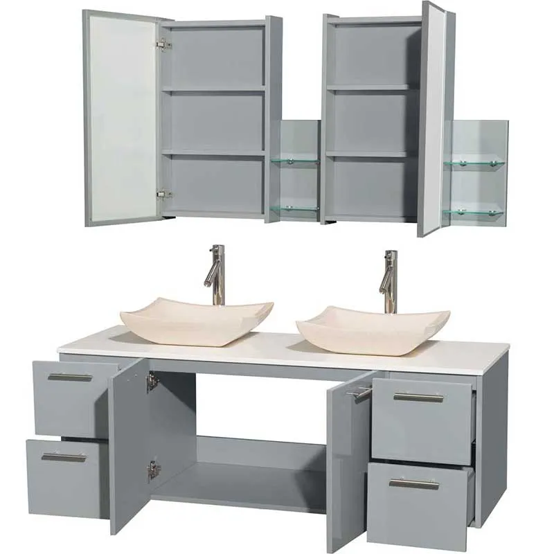 Amare 60" Double Bathroom Vanity in Dove Gray, White Man-Made Stone Countertop, Avalon Ivory Marble Sinks and Medicine Cabinet