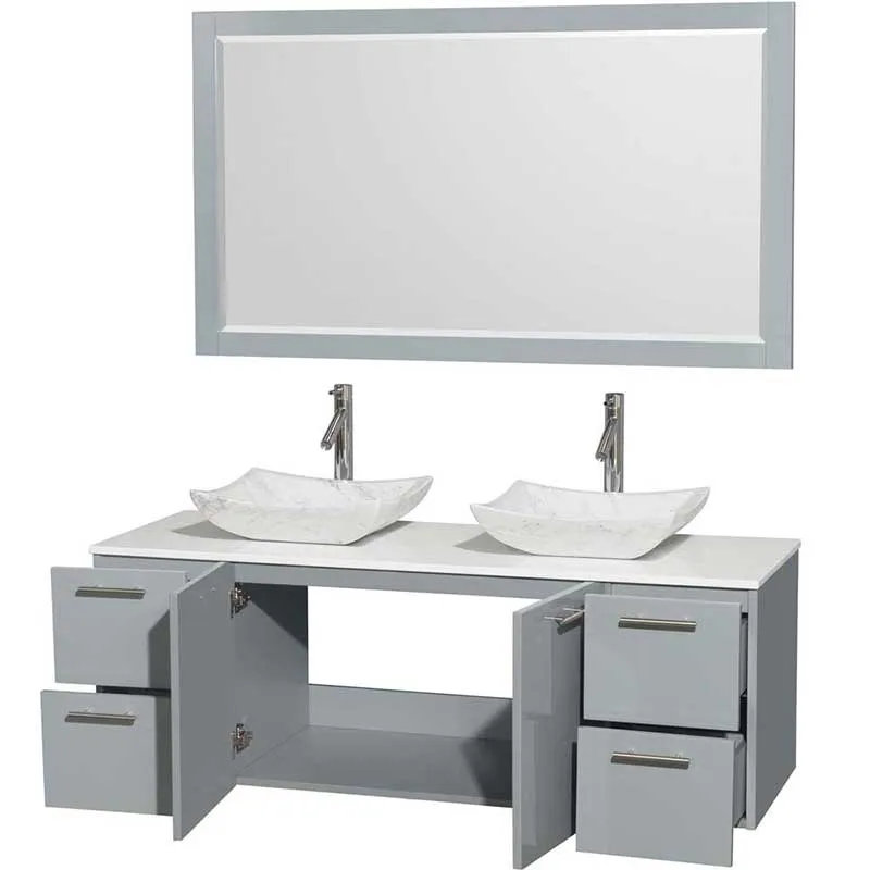 Amare 60" Double Bathroom Vanity in Dove Gray, White Man-Made Stone Countertop, Avalon White Carrera Marble Sinks and 58" Mirror