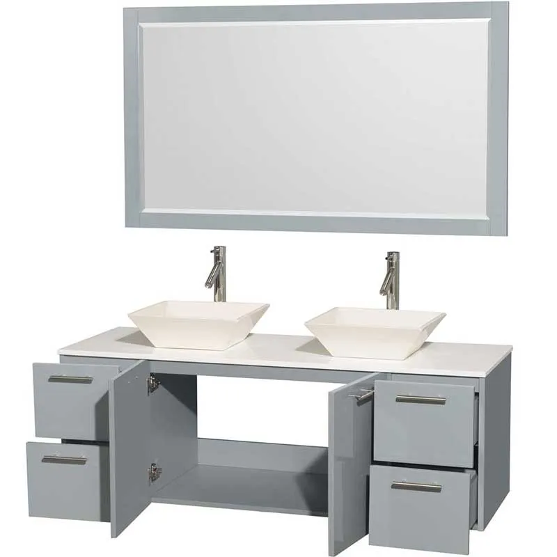 Amare 60" Double Bathroom Vanity in Dove Gray, White Man-Made Stone Countertop, Pyra Bone Porcelain Sinks and 58" Mirror