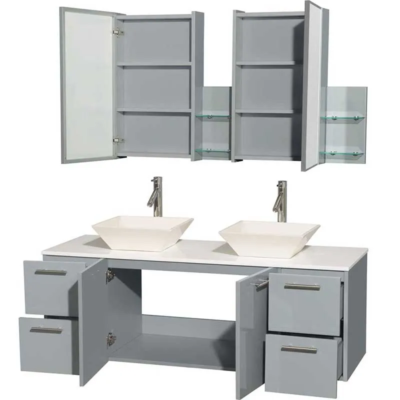 Amare 60" Double Bathroom Vanity in Dove Gray, White Man-Made Stone Countertop, Pyra Bone Porcelain Sinks and Medicine Cabinet