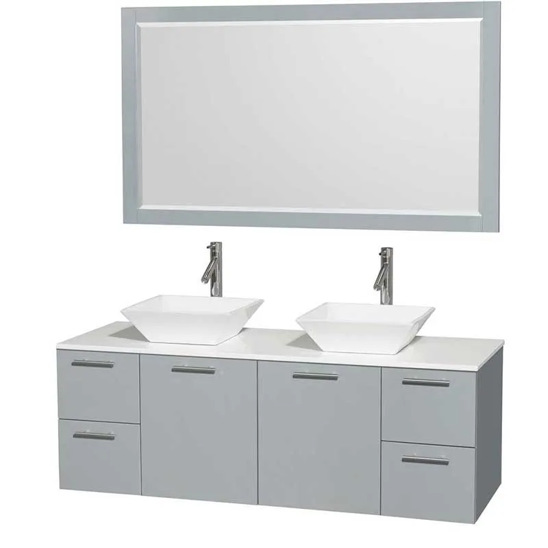 Amare 60" Double Bathroom Vanity in Dove Gray, White Man-Made Stone Countertop, Pyra White Porcelain Sinks and 58" Mirror