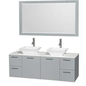 Amare 60" Double Bathroom Vanity in Dove Gray, White Man-Made Stone Countertop, Pyra White Porcelain Sinks and 58" Mirror
