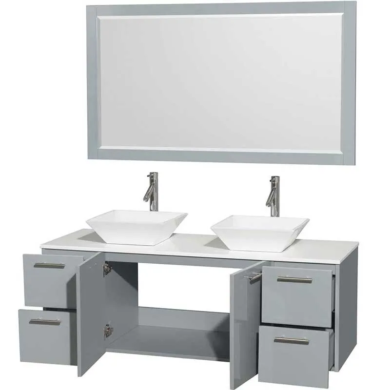 Amare 60" Double Bathroom Vanity in Dove Gray, White Man-Made Stone Countertop, Pyra White Porcelain Sinks and 58" Mirror