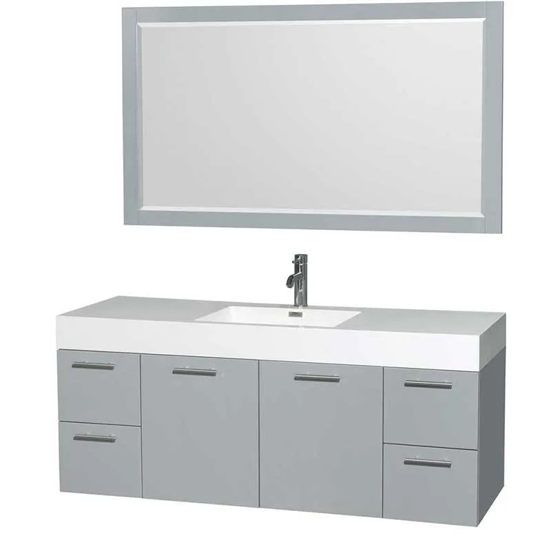 Amare 60" Single Bathroom Vanity in Dove Gray, Acrylic Resin Countertop, Integrated Sink and 58" Mirror