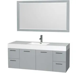 Amare 60" Single Bathroom Vanity in Dove Gray, Acrylic Resin Countertop, Integrated Sink and 58" Mirror