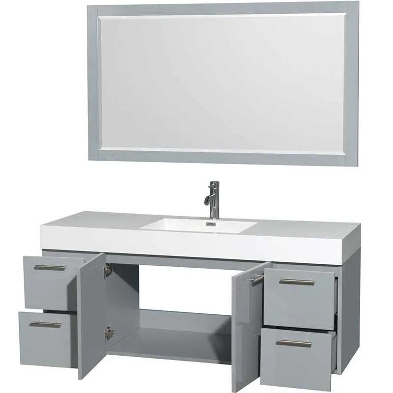 Amare 60" Single Bathroom Vanity in Dove Gray, Acrylic Resin Countertop, Integrated Sink and 58" Mirror