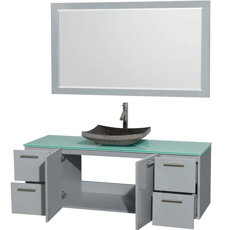 Amare 60" Single Bathroom Vanity in Dove Gray, Green Glass Countertop, Altair Black Granite Sink and 58" Mirror