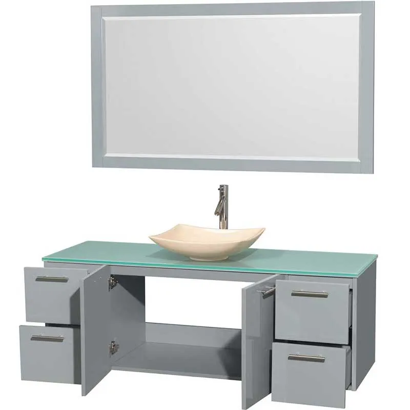 Amare 60" Single Bathroom Vanity in Dove Gray, Green Glass Countertop, Arista Ivory Marble Sink and 58" Mirror