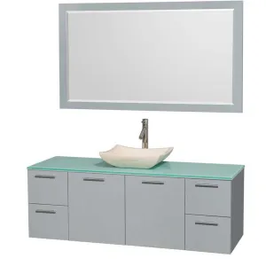 Amare 60" Single Bathroom Vanity in Dove Gray, Green Glass Countertop, Avalon Ivory Marble Sink and 58" Mirror