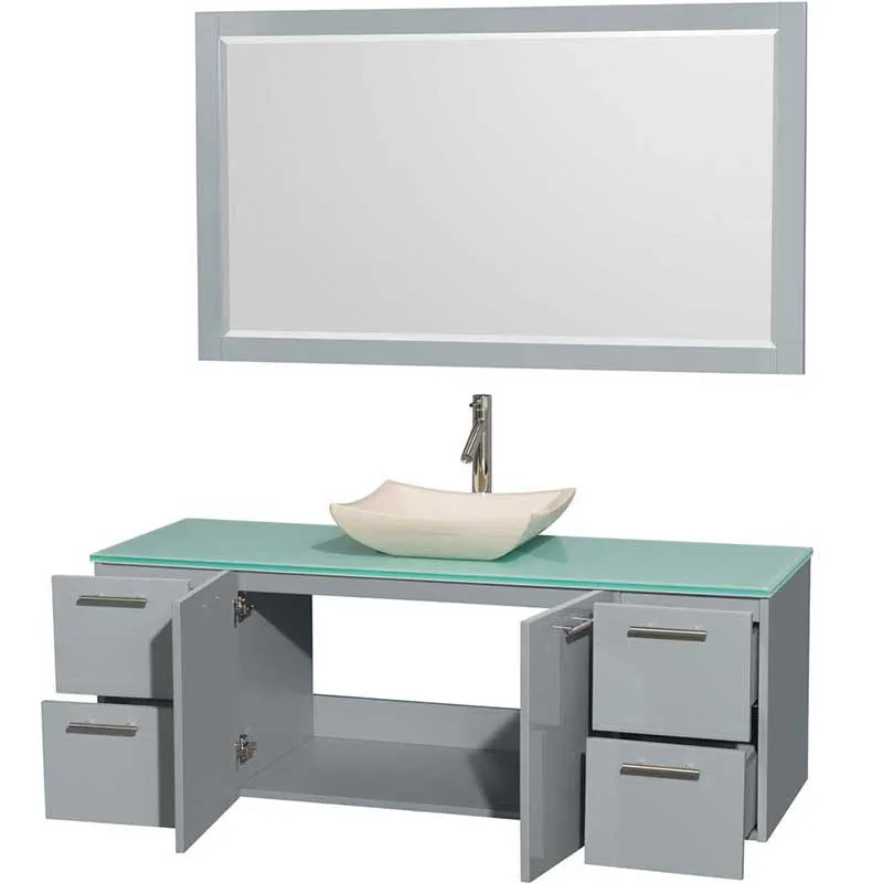 Amare 60" Single Bathroom Vanity in Dove Gray, Green Glass Countertop, Avalon Ivory Marble Sink and 58" Mirror