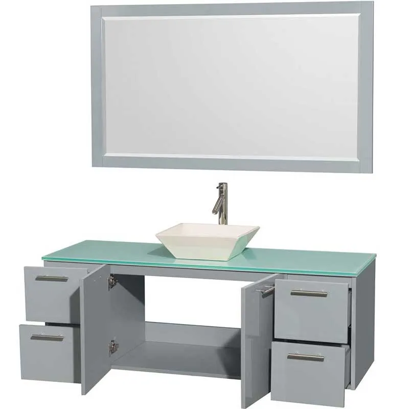 Amare 60" Single Bathroom Vanity in Dove Gray, Green Glass Countertop, Pyra Bone Porcelain Sink and 58" Mirror