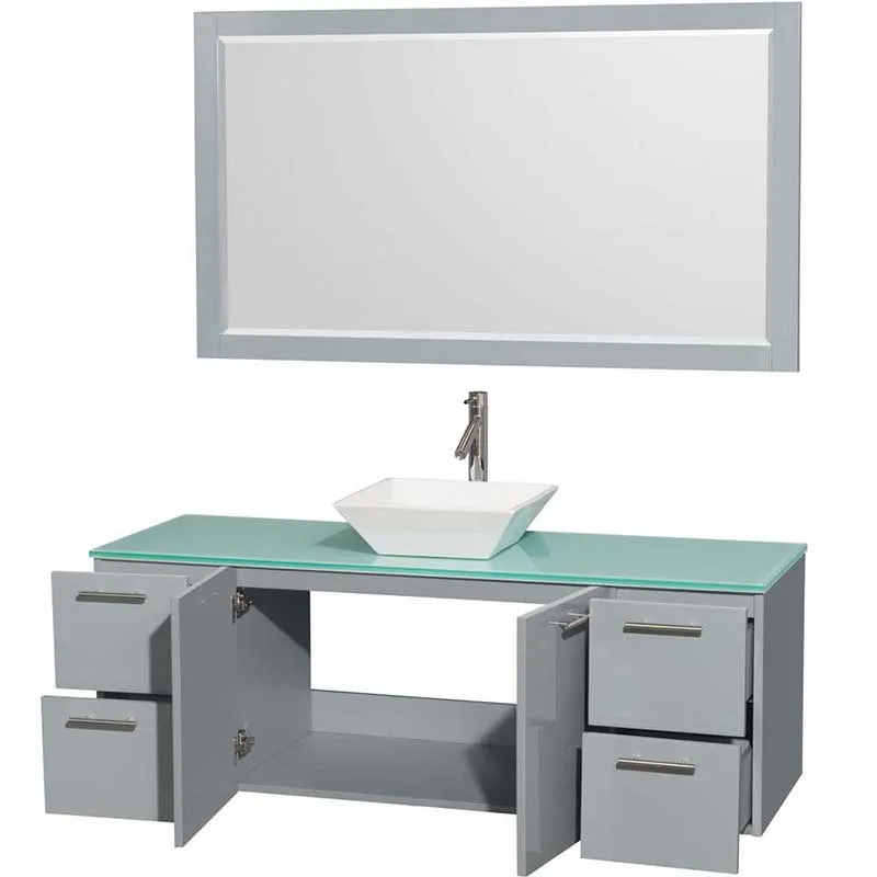 Amare 60" Single Bathroom Vanity in Dove Gray, Green Glass Countertop, Pyra White Porcelain Sink and 58" Mirror