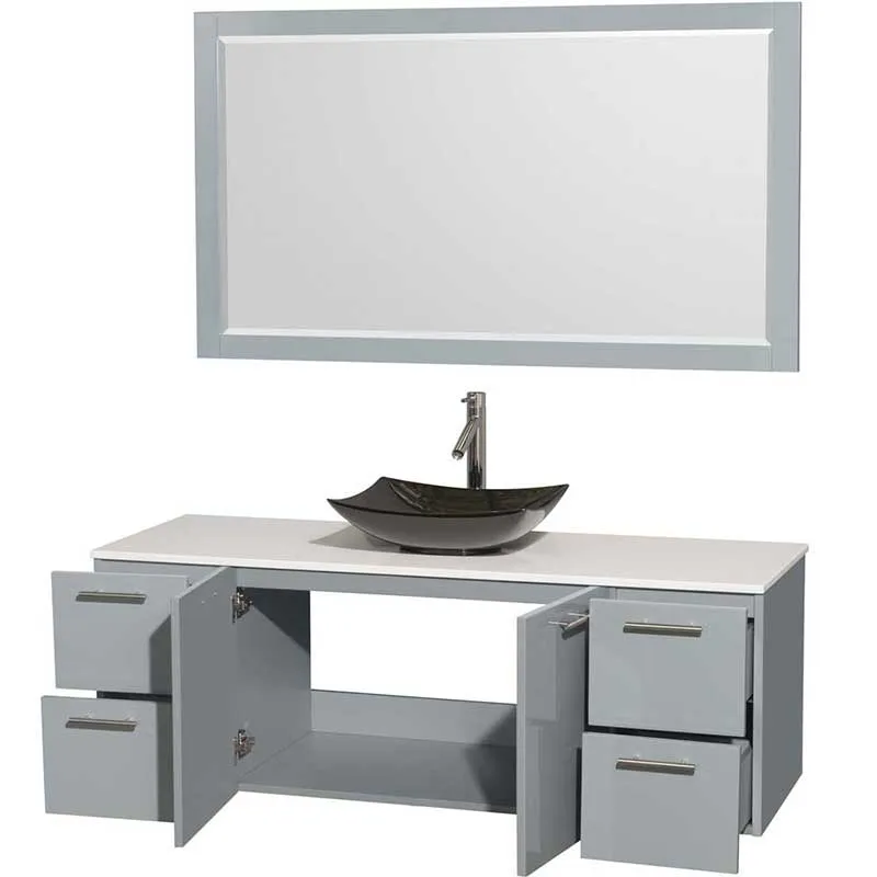 Amare 60" Single Bathroom Vanity in Dove Gray, White Man-Made Stone Countertop, Arista Black Granite Sink and 58" Mirror