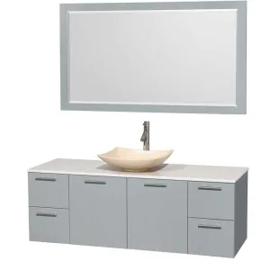 Amare 60" Single Bathroom Vanity in Dove Gray, White Man-Made Stone Countertop, Arista Ivory Marble Sink and 58" Mirror