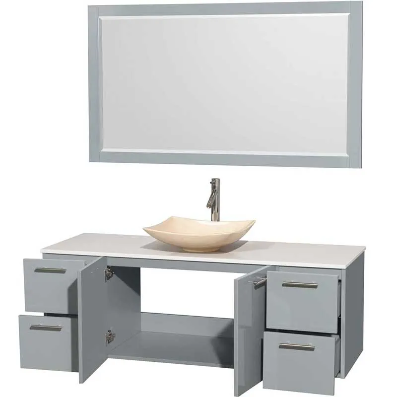 Amare 60" Single Bathroom Vanity in Dove Gray, White Man-Made Stone Countertop, Arista Ivory Marble Sink and 58" Mirror