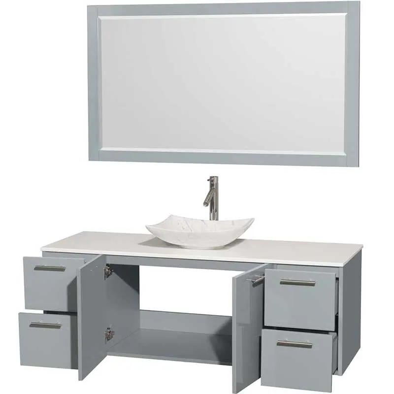 Amare 60" Single Bathroom Vanity in Dove Gray, White Man-Made Stone Countertop, Arista White Carrera Marble Sink and 58" Mirror