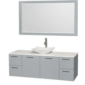 Amare 60" Single Bathroom Vanity in Dove Gray, White Man-Made Stone Countertop, Arista White Carrera Marble Sink and 58" Mirror