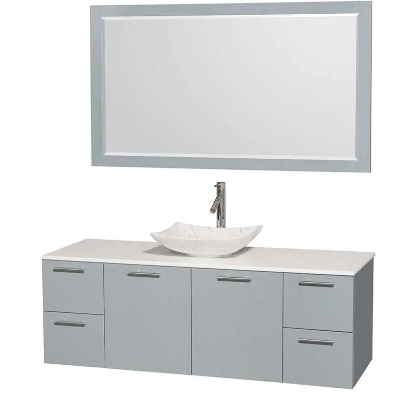 Amare 60" Single Bathroom Vanity in Dove Gray, White Man-Made Stone Countertop, Arista White Carrera Marble Sink and 58" Mirror