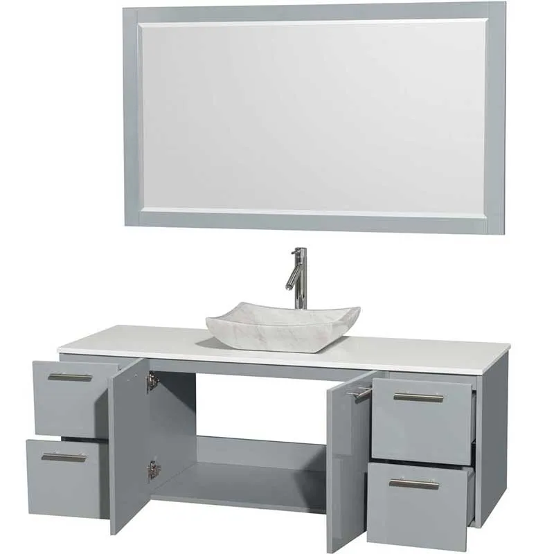 Amare 60" Single Bathroom Vanity in Dove Gray, White Man-Made Stone Countertop, Avalon White Carrera Marble Sink and 58" Mirror