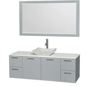 Amare 60" Single Bathroom Vanity in Dove Gray, White Man-Made Stone Countertop, Avalon White Carrera Marble Sink and 58" Mirror