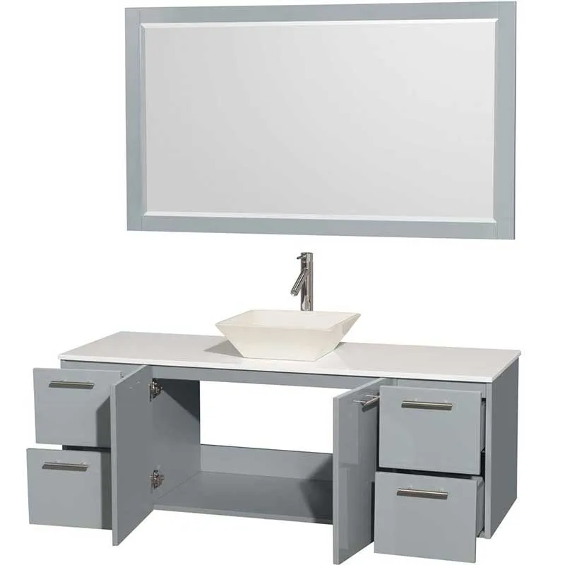Amare 60" Single Bathroom Vanity in Dove Gray, White Man-Made Stone Countertop, Pyra Bone Porcelain Sink and 58" Mirror
