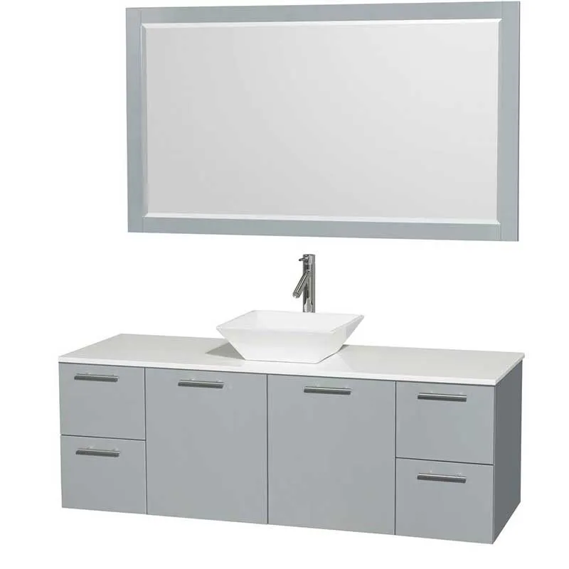 Amare 60" Single Bathroom Vanity in Dove Gray, White Man-Made Stone Countertop, Pyra White Porcelain Sink and 58" Mirror