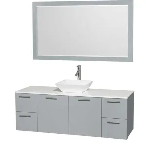 Amare 60" Single Bathroom Vanity in Dove Gray, White Man-Made Stone Countertop, Pyra White Porcelain Sink and 58" Mirror