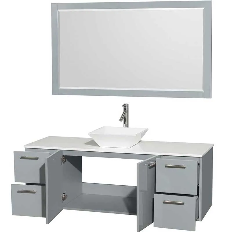Amare 60" Single Bathroom Vanity in Dove Gray, White Man-Made Stone Countertop, Pyra White Porcelain Sink and 58" Mirror