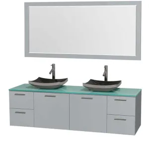 Amare 72" Double Bathroom Vanity in Dove Gray, Green Glass Countertop, Altair Black Granite Sinks and 70" Mirror