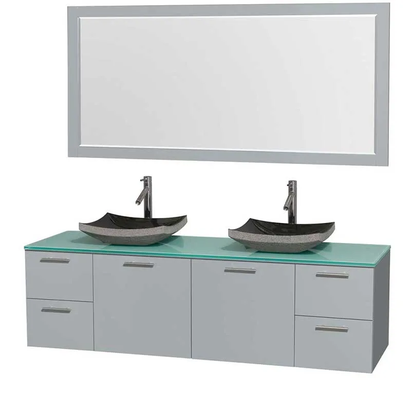 Amare 72" Double Bathroom Vanity in Dove Gray, Green Glass Countertop, Altair Black Granite Sinks and 70" Mirror